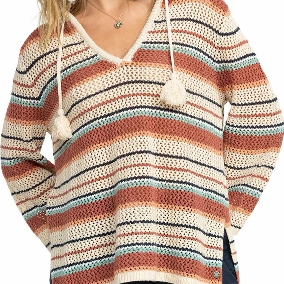Roxy Striped V-Neck Hooded Knit Sweater with Tassel Ties - Cream & Rust - Picture 5 of 7